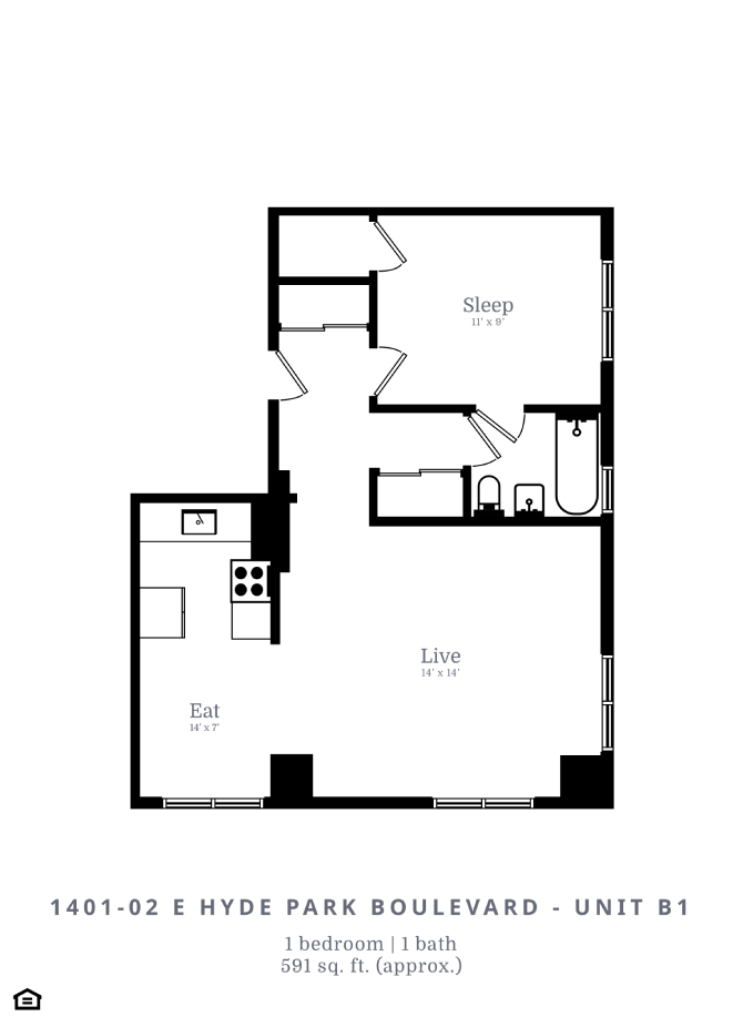 Floor plan for 1 bed, 1 bath, 660 sqft